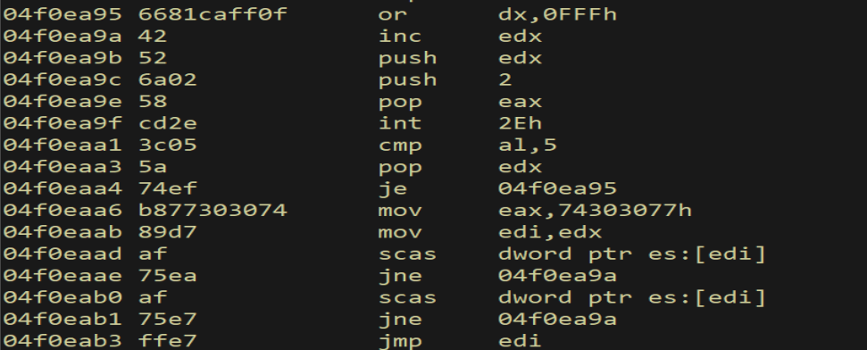 u address — egghunter disassembly intact in crash buffer