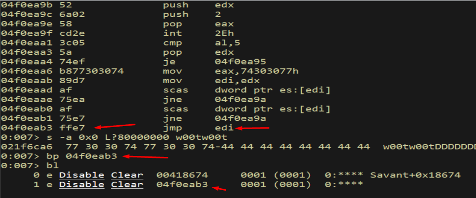 Breakpoint set on JMP EDI — egghunter's final instruction
