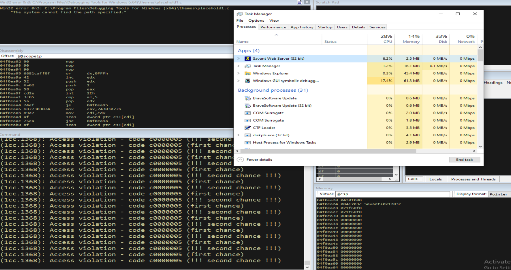 sxn av; g — egghunter running, access violations flowing