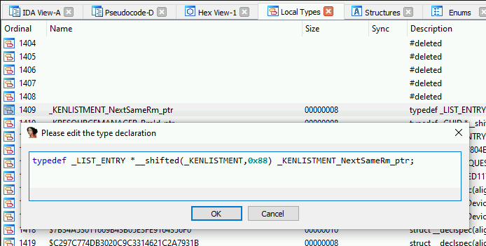 IDA Pro / Hex-Rays shifted-pointer type definition dialog used to declare a _LIST_ENTRY pointer shifted into a _KENLISTMENT structure