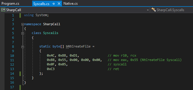 C# code snippet showing static byte array bNtCreateFile initialization