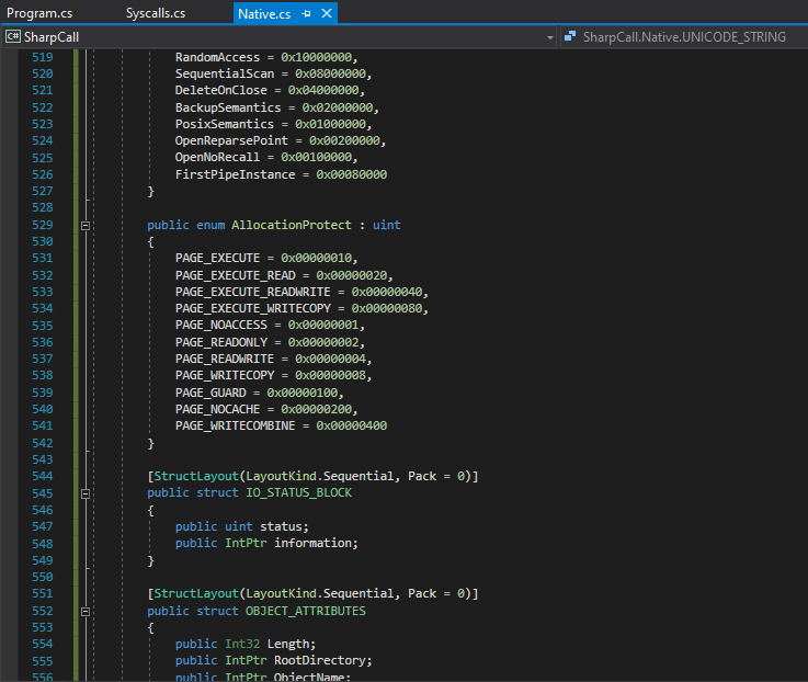 Memory protection flags enumeration in Native.cs (PAGE_EXECUTE_READ, etc.)
