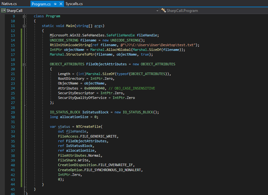 Complete Program.cs showing IO_STATUS_BLOCK and NtCreateFile delegate call