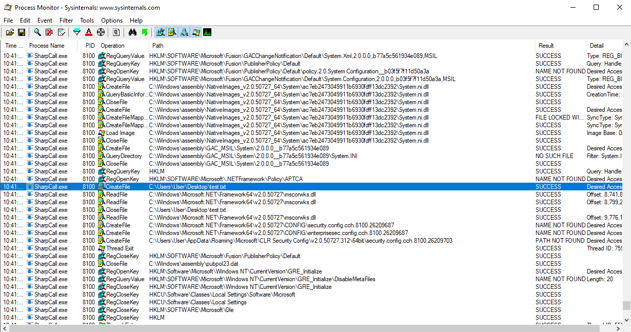 Process Monitor showing CreateFile operation for test.txt