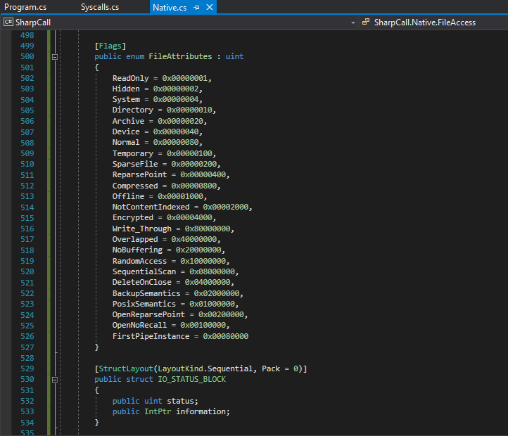 Partial Native.cs implementation showing structures and enums
