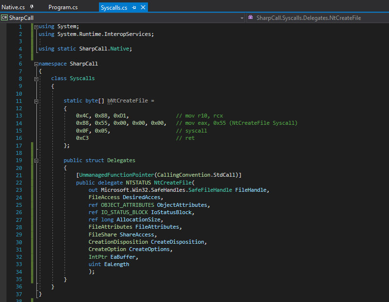 Syscalls class showing delegate definition with UnmanagedFunctionPointer attribute