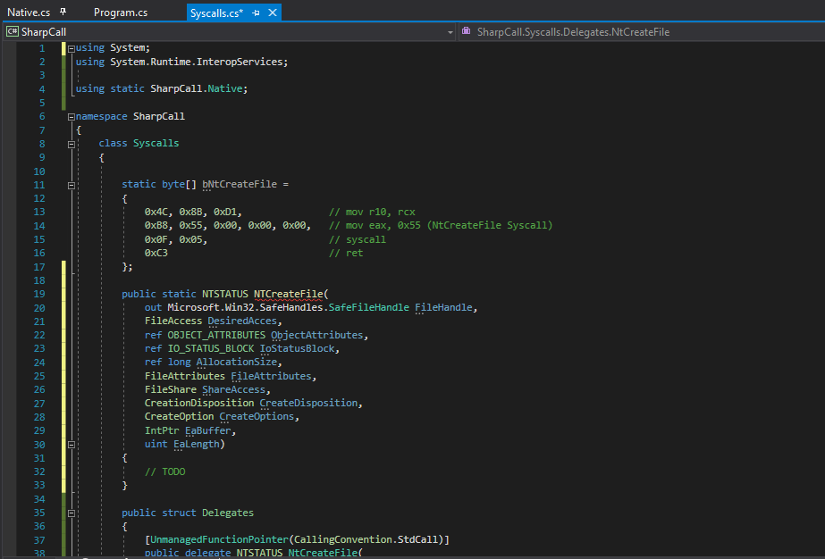 NtCreateFile delegate instantiation with TODO placeholder