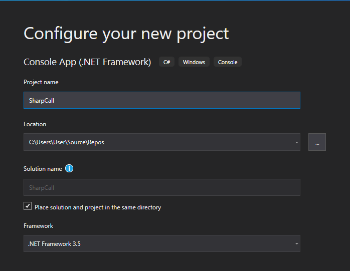 .NET Framework Console App project setup with 3.5 framework selection