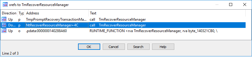 IDA Pro cross-reference graph for TmRecoverResourceManager(), the patched function at the heart of CVE-2018-8611