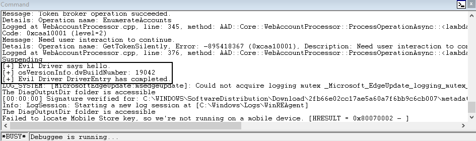 WinDbg session with the evil driver loaded showing initial DbgPrint output