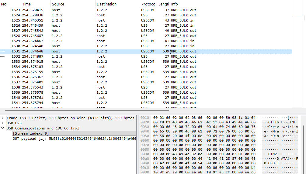 Wireshark screenshot showing the first firmware payload packet in a Creative Transport Protocol session
