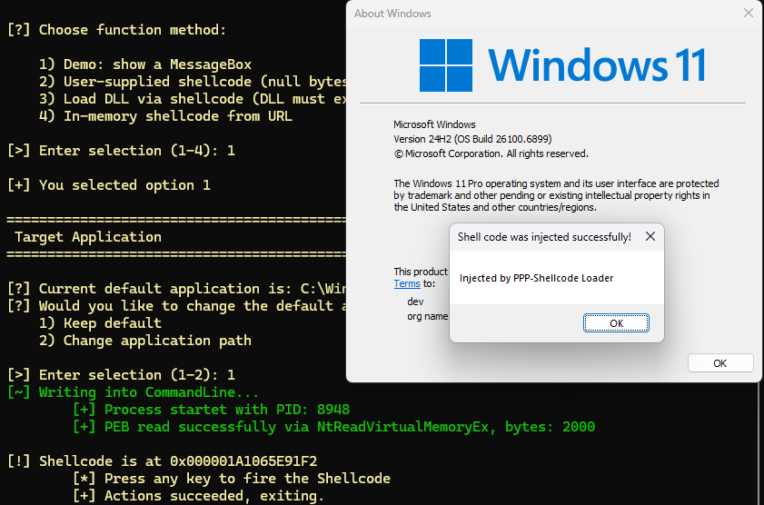 MessageBox popup created by the injected demo shellcode