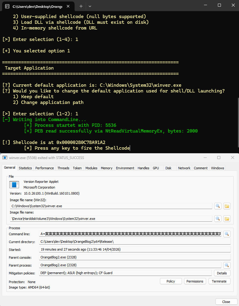 System Informer showing poisoned CommandLine in child process