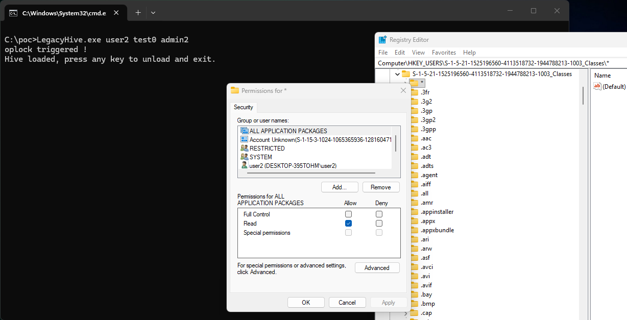 Console output of LegacyHive.exe showing oplock triggered and Hive loaded, with Registry Editor showing the target user Classes hive mounted under HKEY_USERS