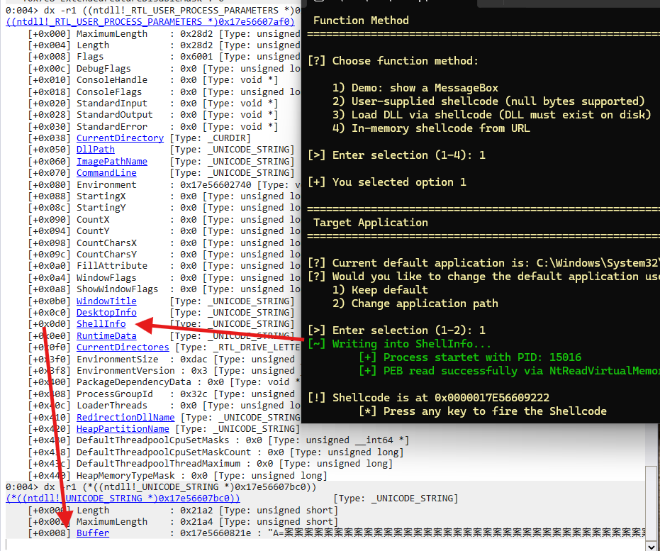 WinDbg showing poisoned ShellInfo parameter in child process PEB