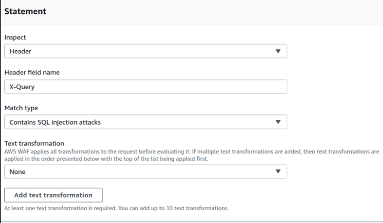 AWS WAF rule blocking a SQL injection payload in the X-Query header