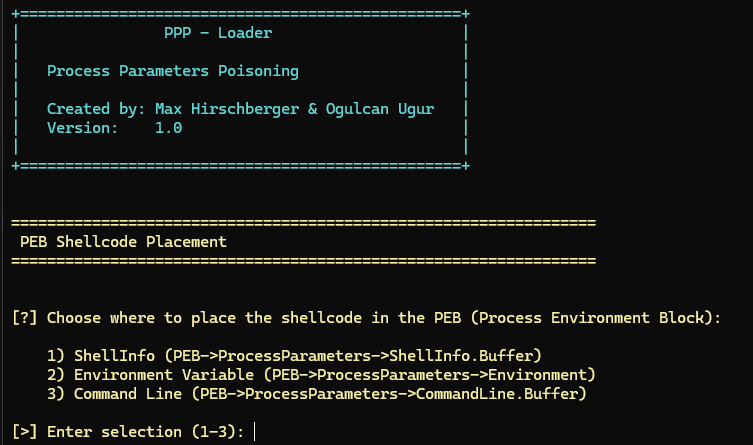 p3-loader terminal showing parameter selection menu