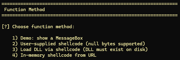p3-loader terminal showing the four payload options