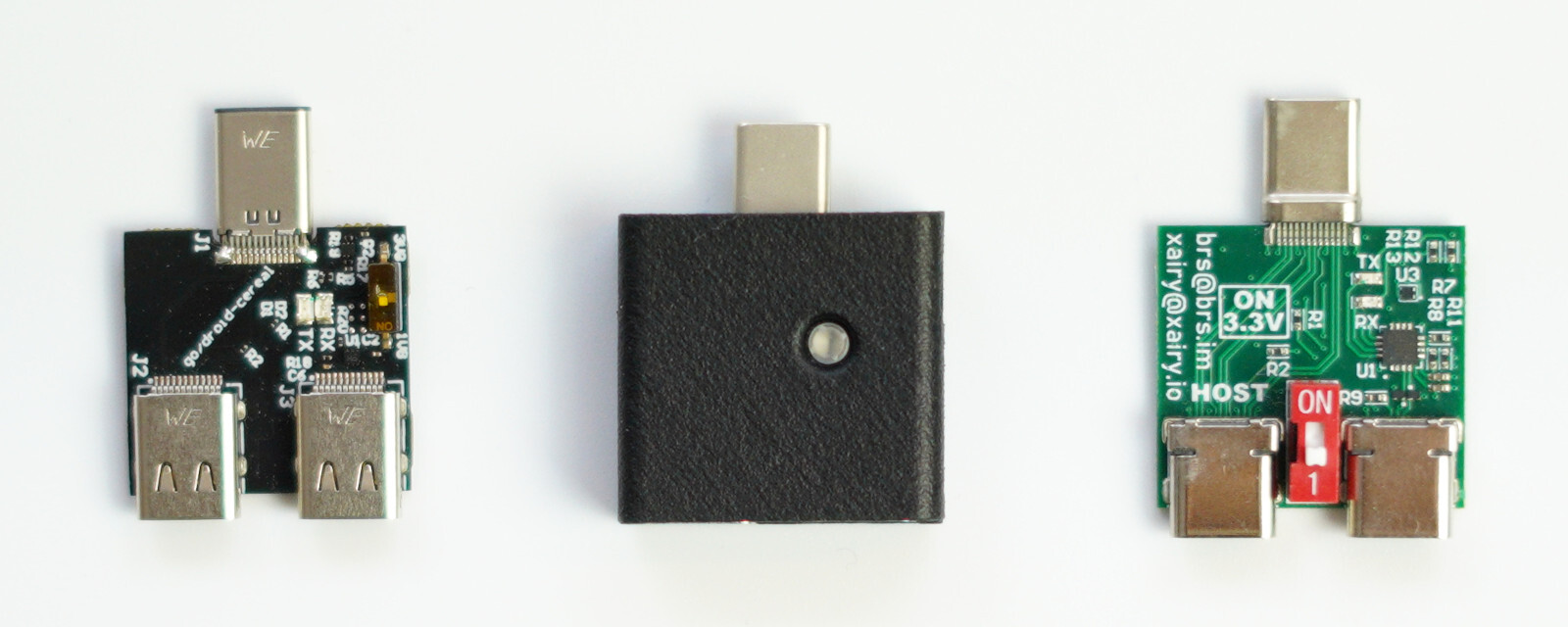 Left to right: USB-Cereal fabricated based on original Google design; 0xDA's version of USB-Cereal; Private version of USB-Cereal