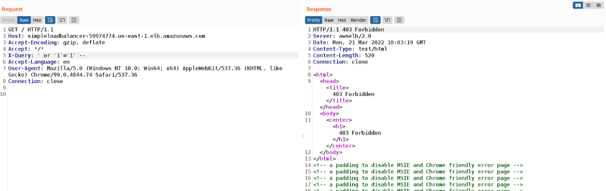 Request carrying a SQL injection payload blocked by AWS WAF with a 403