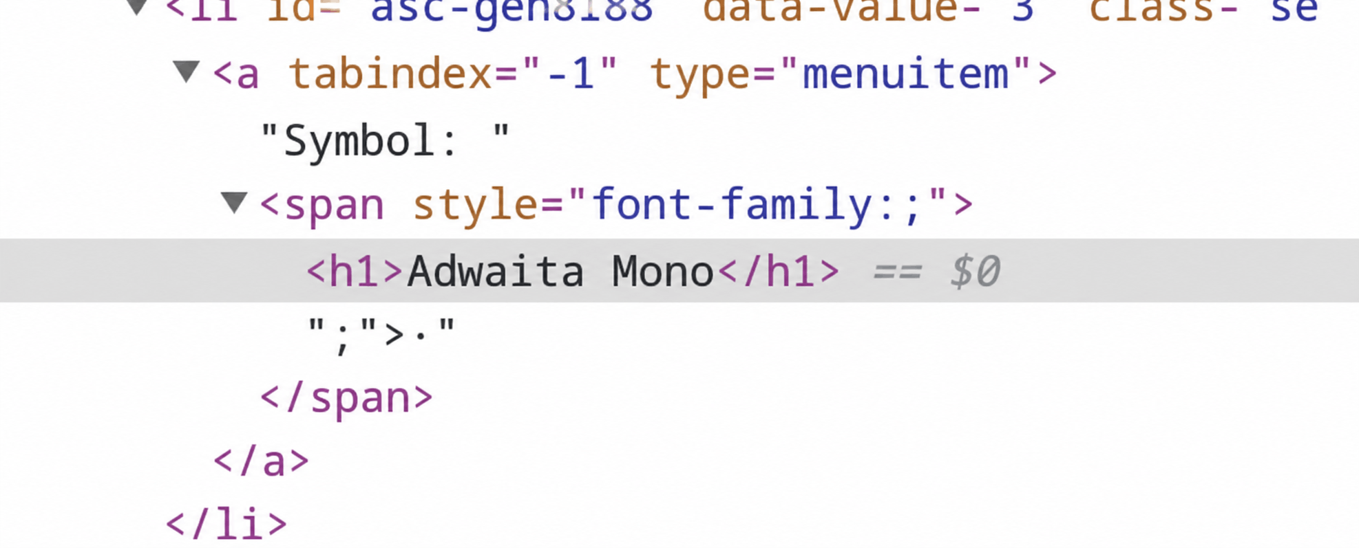 DOM tree fragment after injecting payload into font name. Adwaita Mono injected