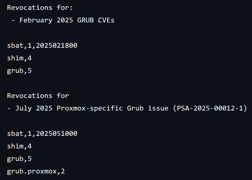 Latest SBAT revocations showing component versions and generation numbers