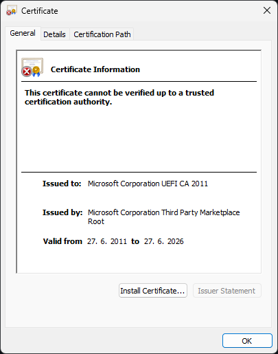 Microsoft Corporation UEFI CA 2011 certificate details showing expiration date