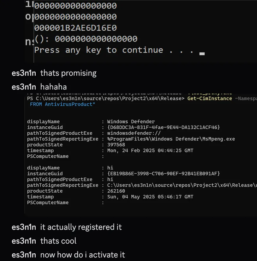 First successful WSC AV registration, running from within the AV process via DLL injection