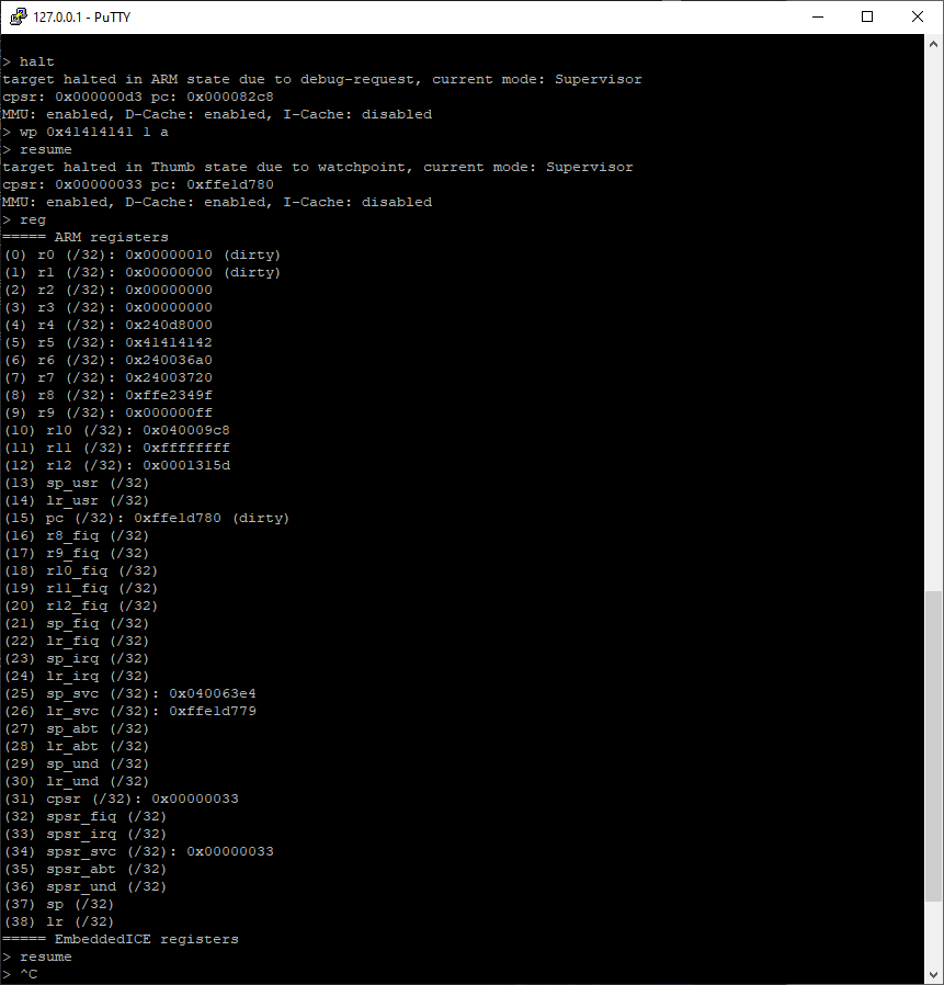 GDB/OpenOCD output showing memory access breakpoint triggered at address 0xFFE1D780 inside HDD firmware code
