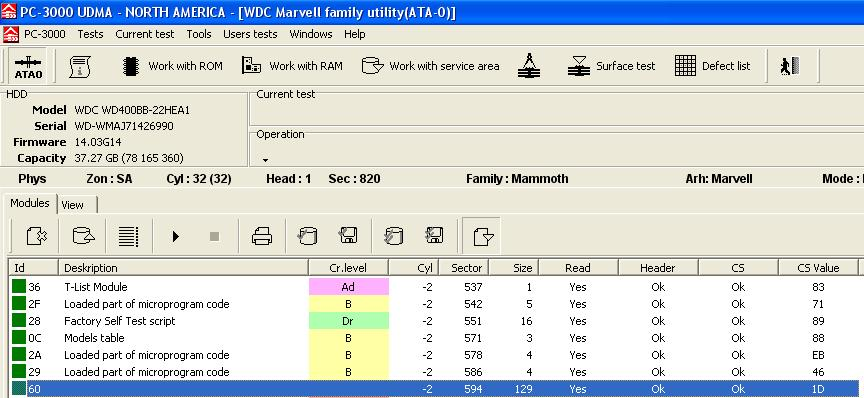 PC-3000 professional data recovery software showing service area overlay modules for a Western Digital hard drive