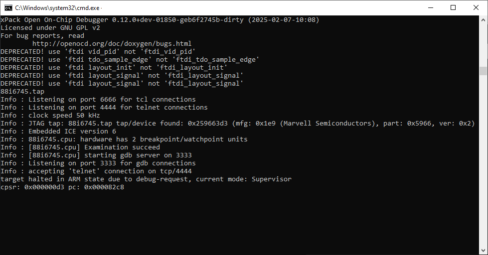 OpenOCD terminal output showing successful JTAG connection to the ARM MCU inside a Western Digital HDD