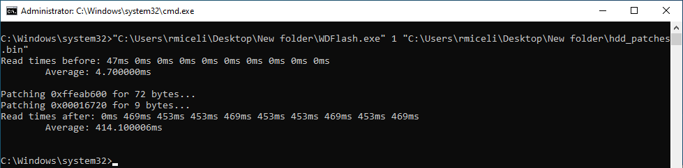 Test application output comparing read times before and after applying ~450ms delay patch to HDD firmware