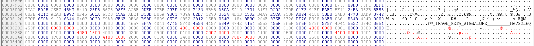 Hex dump showing suspected section descriptors with memory addresses for ARM code/data segments in Samsung PM871a firmware
