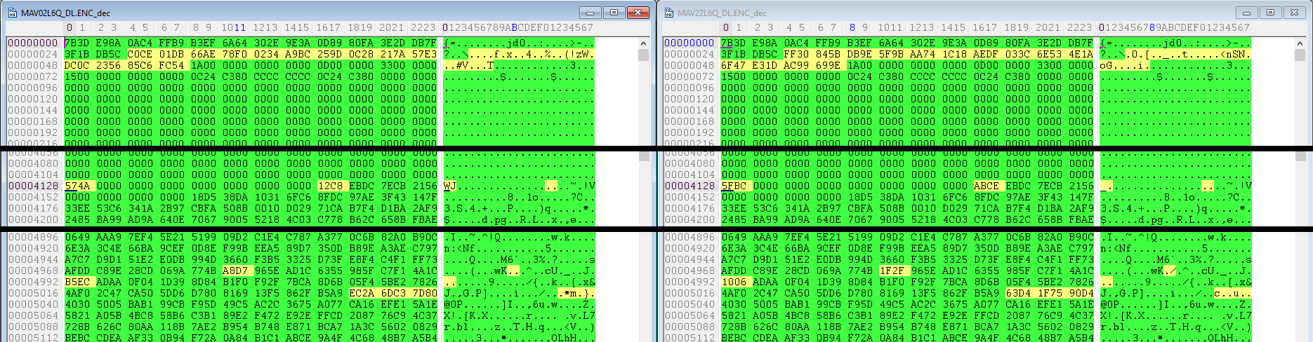 Hex comparison of two Samsung PM871a firmware files showing 28-byte difference at beginning of file