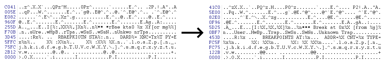 Hex dump of Samsung HM020GI firmware showing byte-flipped data and plain text strings mixed with machine code