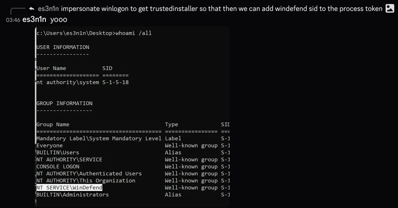Implementation of the WinDefend token impersonation attempt in code
