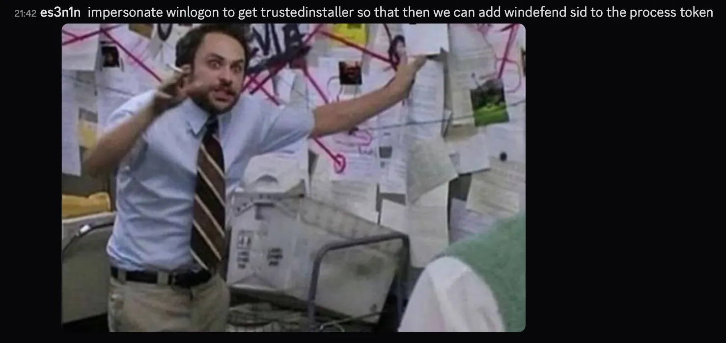 Diagram of the WinDefend impersonation approach to bypass the WSC SID token check