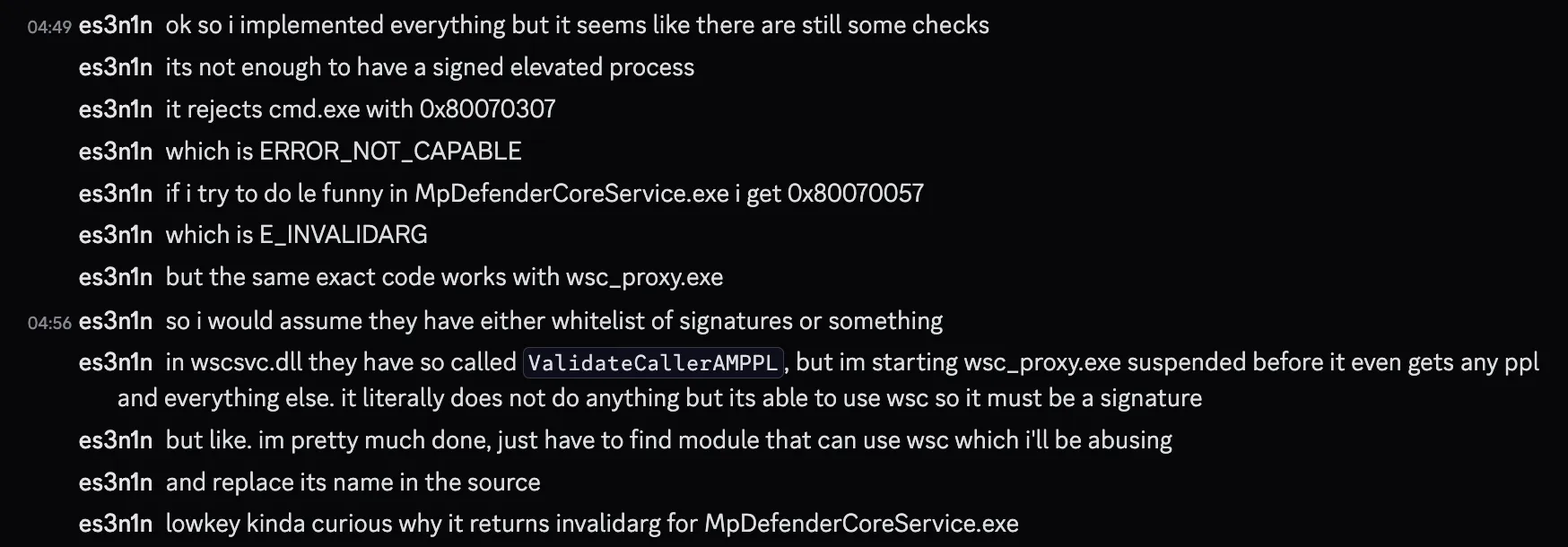 Decompiled wscsvc.dll code showing the PPL protection check on the calling process
