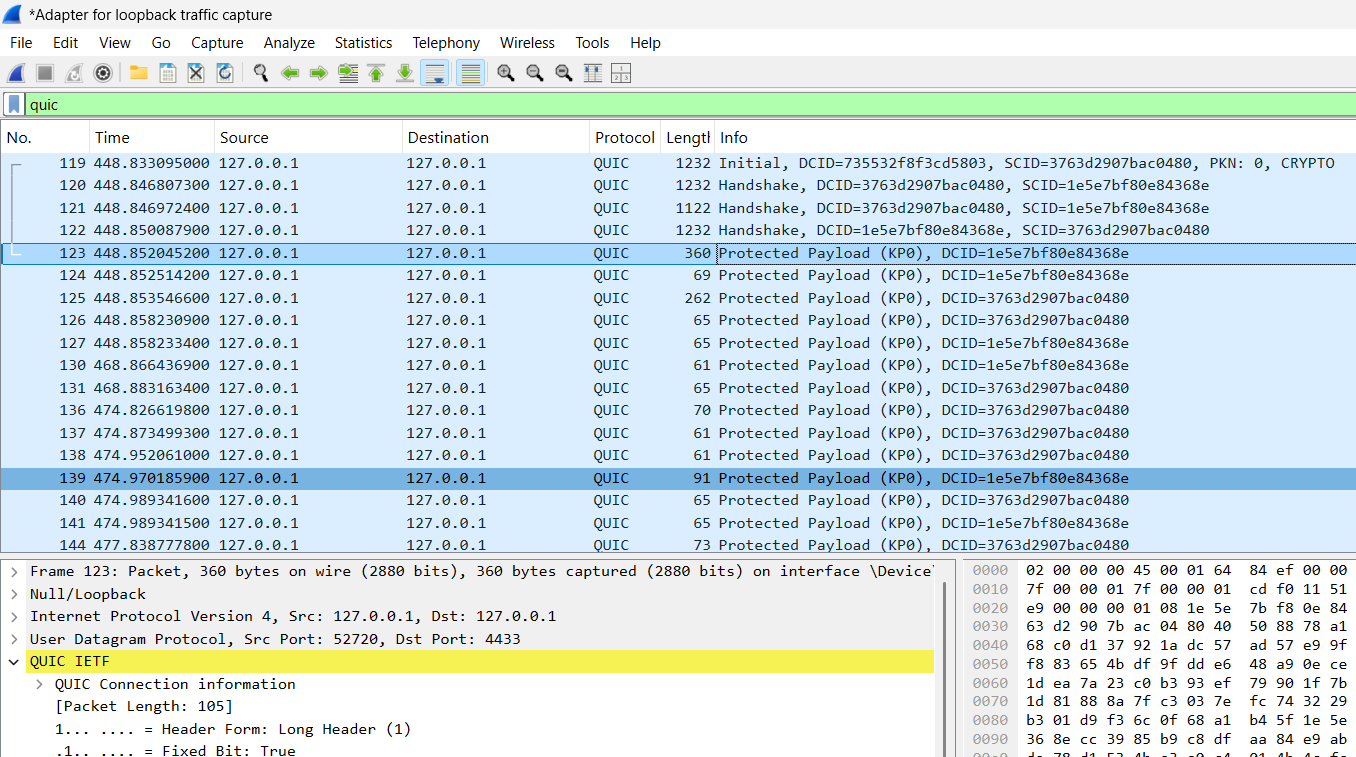 Wireshark capture showing initial QUIC connection establishment