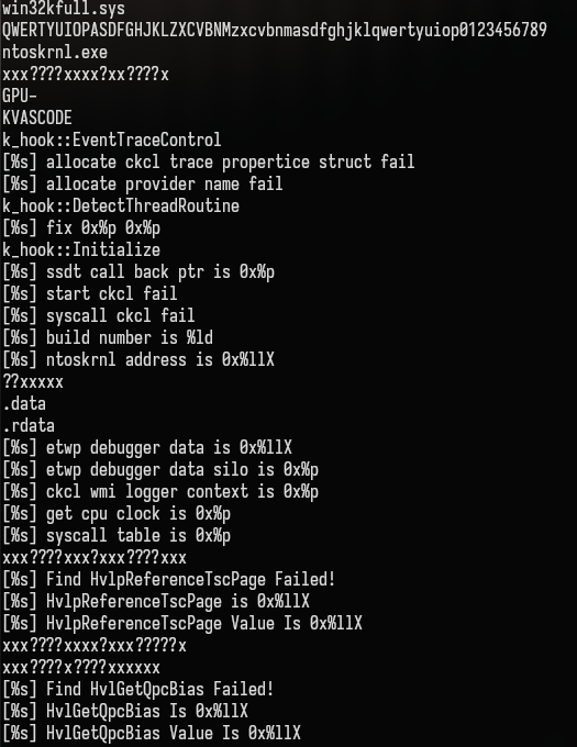 Recovered debug strings and hook names from the SakDriver sample