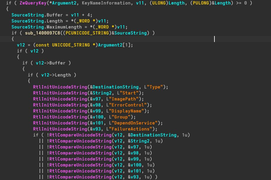 Registry service-key comparison code in IDA