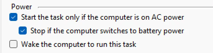 Windows Task Scheduler power settings checkboxes that blocked autorun execution