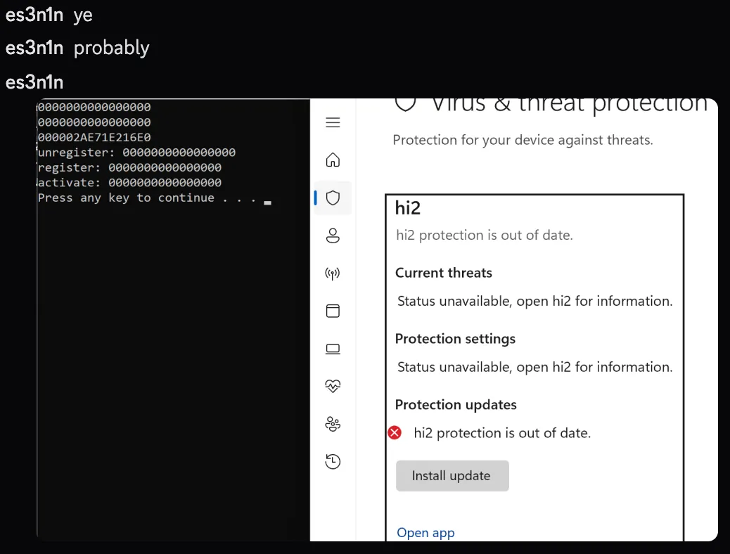 Screenshot posted to Twitter showing Windows Security Center reporting no antivirus