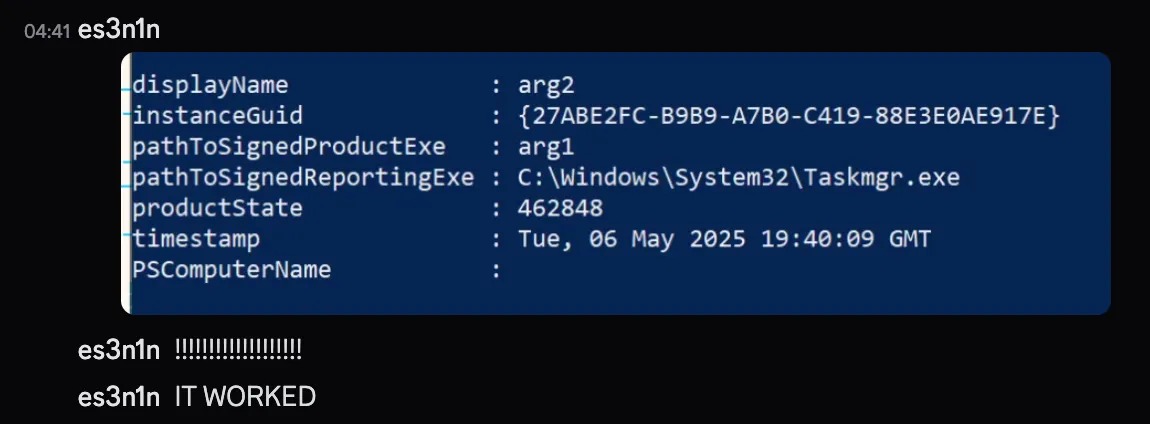 Successful AV deregistration via Taskmgr injection and WSC COM API registration