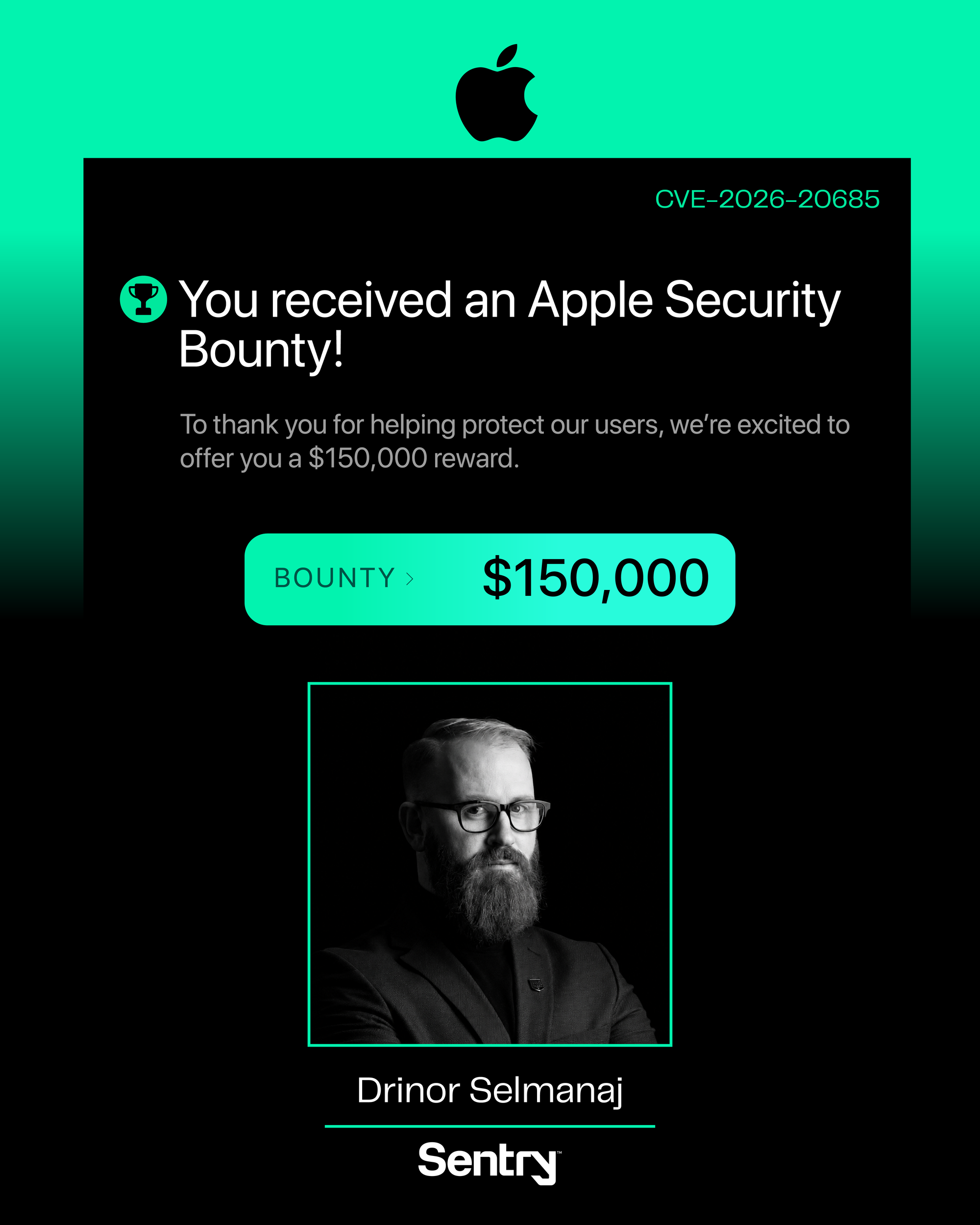 Apple Security Bounty $150,000 award for CVE-2026-20685