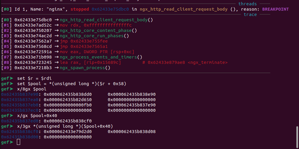 Layout of the nginx pool structure showing the cleanup pointer targeted by the write primitive